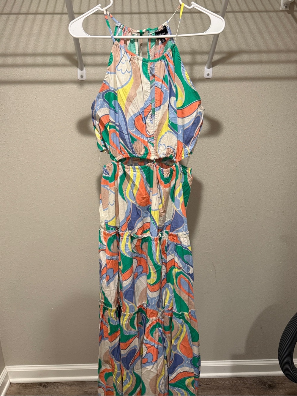 Aakaa Vibrant Swirl Halter Maxi Dress - Green/Blue/Orange/Yellow